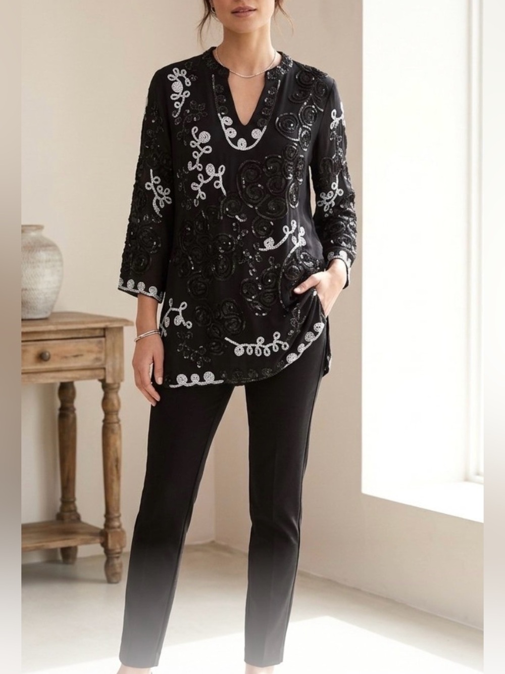 Once Again - Black & White Embroidered Tunic Top Size L